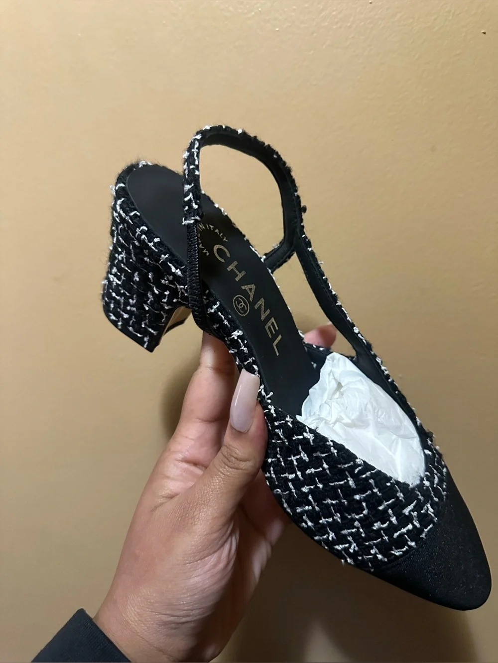 CHANEL Black & White Tweed Slingback Flat